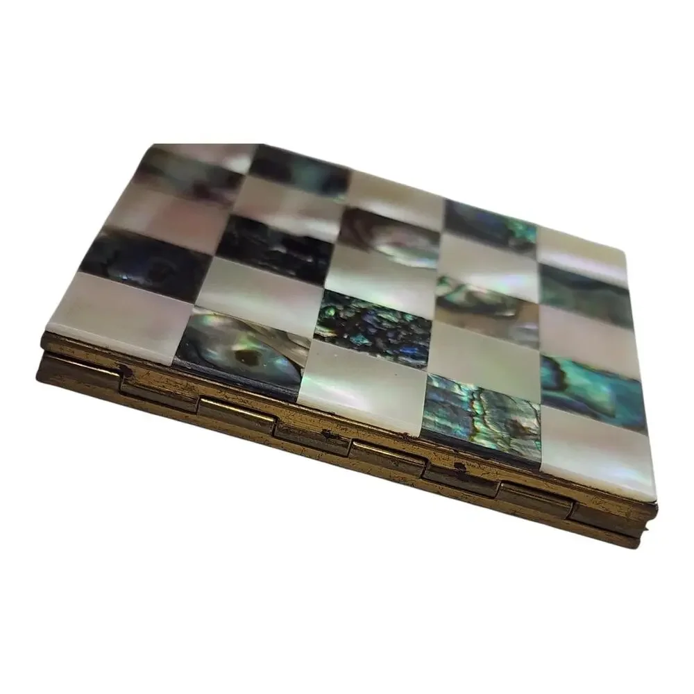 Vintage Ansico Abalone Mother of Pearl Checkerboard Powder Compact Mirror Case